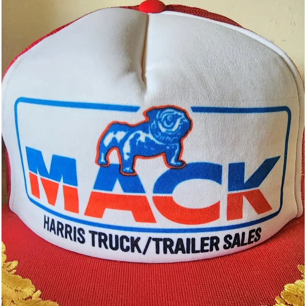 Mack Trucker Hat Harris Sales Bulldog Snapback Men's Red White Gold Leaves